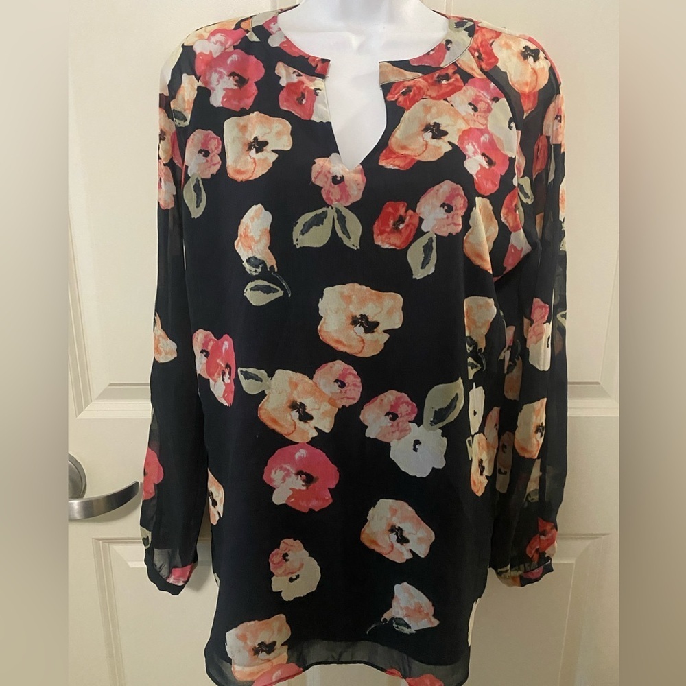 CAbi Poppy #971 Black Floral Semi Sheer Watercolor Chiffon Blouse Top